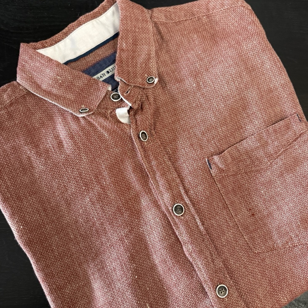 32 Bar Blues Shirt Mens M Linen Blend‎ Short Sleeve  Red Woven
